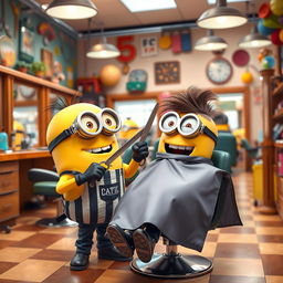 A lively scene inside a bustling hair salon featuring a Minion as the barber
