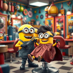 A lively scene inside a bustling hair salon featuring a Minion as the barber