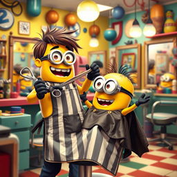 A lively scene inside a bustling hair salon featuring a Minion as the barber