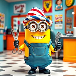 A cheerful Minion dressed as a barber, complete with a stylish barber apron and a classic barber's hat