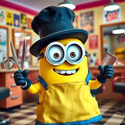 A cheerful Minion dressed as a barber, complete with a stylish barber apron and a classic barber's hat