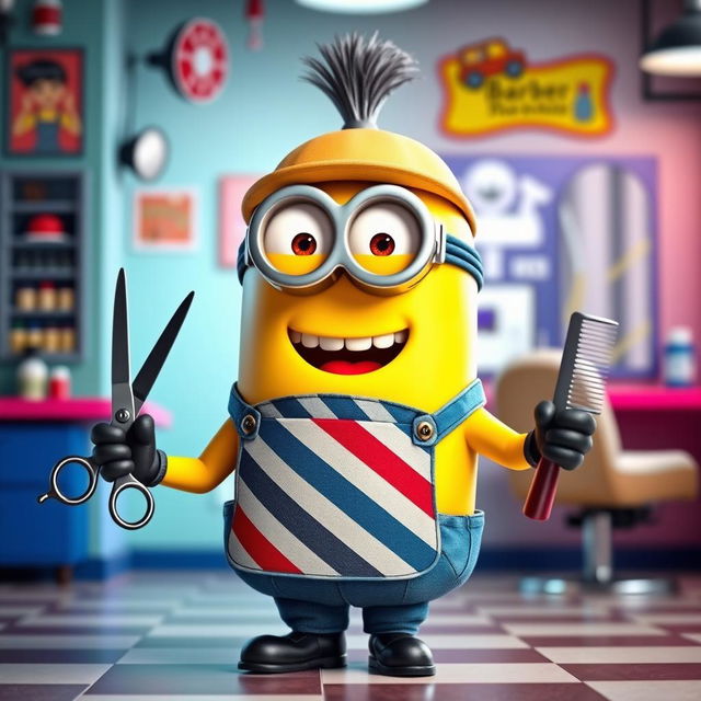 A cheerful Minion dressed as a barber, complete with a stylish barber apron and a classic barber's hat