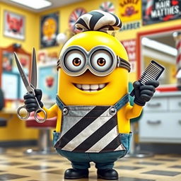 A cheerful Minion dressed as a barber, complete with a stylish barber apron and a classic barber's hat
