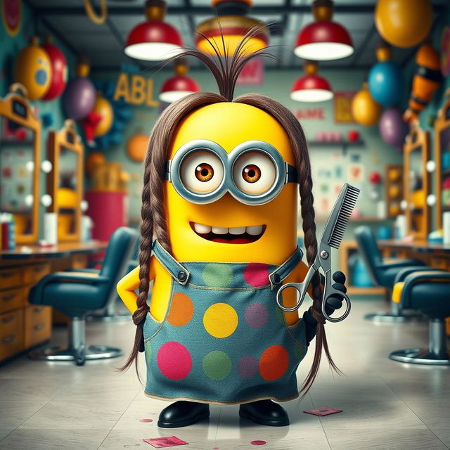 A whimsical scene featuring a Minion with long hair, styled in a playful manner, dressed as a barber