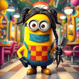 A whimsical scene featuring a Minion with long hair, styled in a playful manner, dressed as a barber