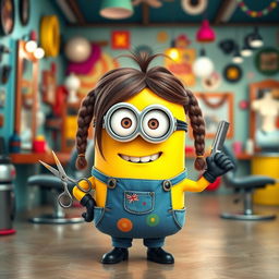 A whimsical scene featuring a Minion with long hair, styled in a playful manner, dressed as a barber