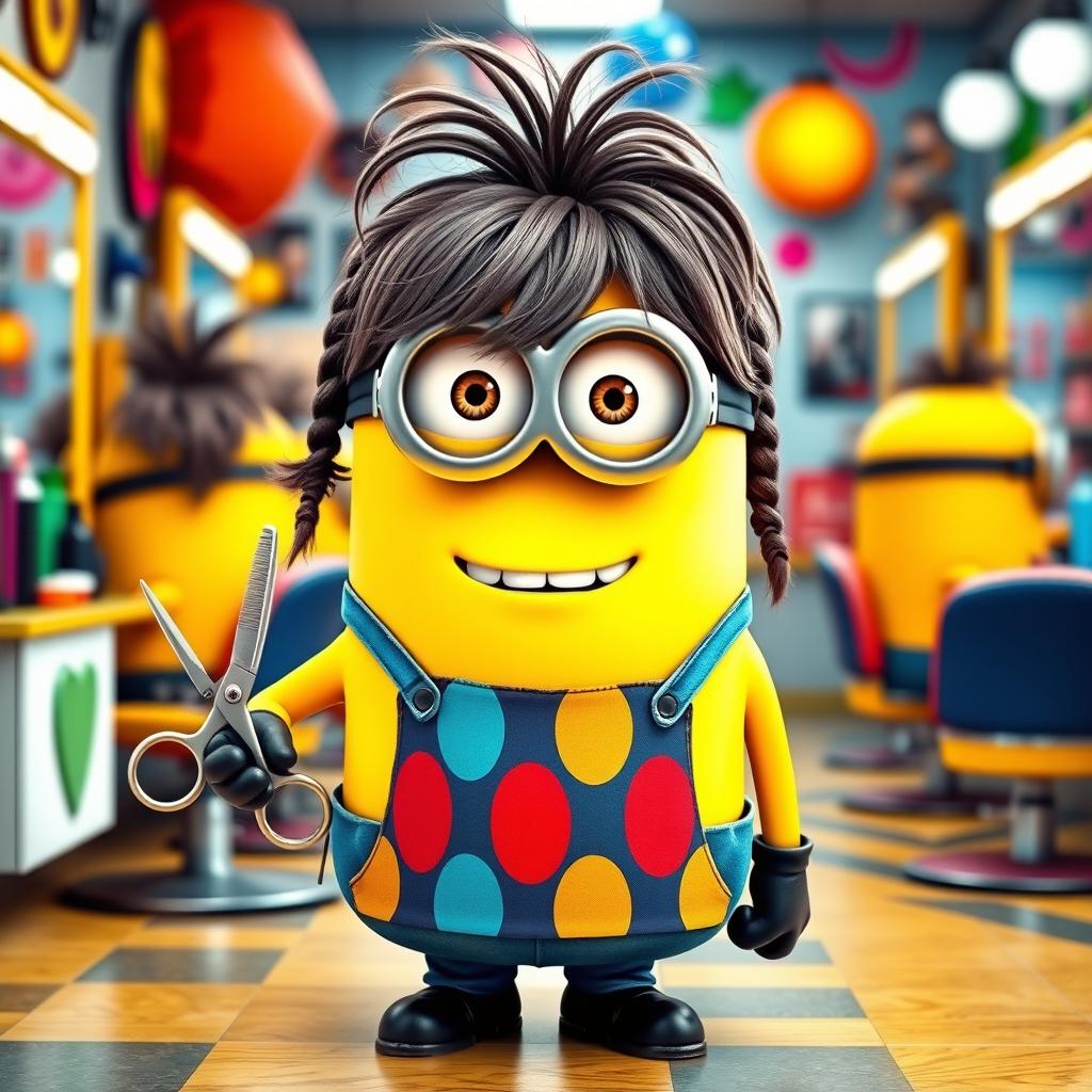 A whimsical scene featuring a Minion with long hair, styled in a playful manner, dressed as a barber