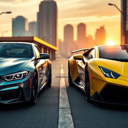 A sleek and futuristic street scene featuring a BMW and a Lamborghini parked side by side