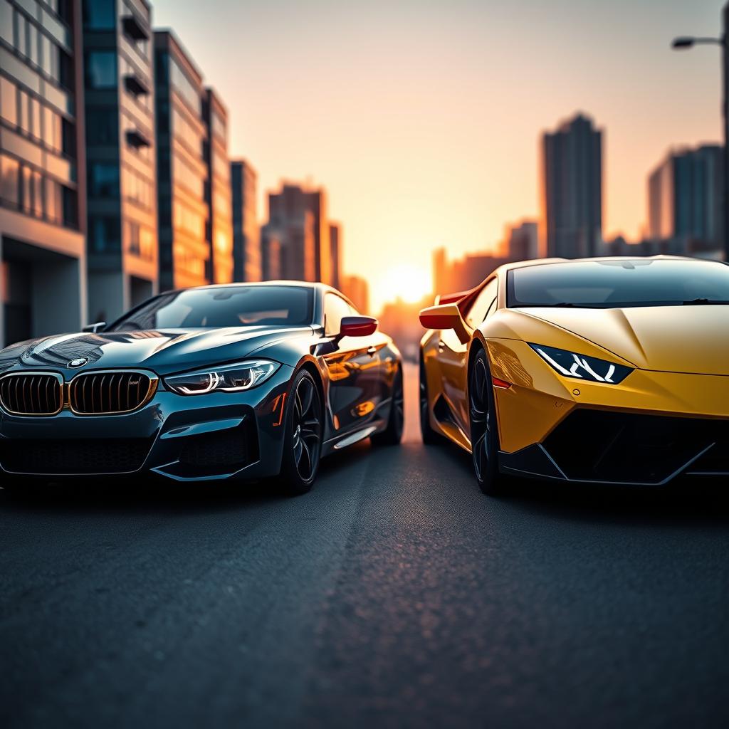 A sleek and futuristic street scene featuring a BMW and a Lamborghini parked side by side