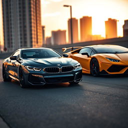 A sleek and futuristic street scene featuring a BMW and a Lamborghini parked side by side