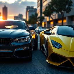 A sleek and futuristic street scene featuring a BMW and a Lamborghini parked side by side