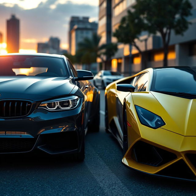 A sleek and futuristic street scene featuring a BMW and a Lamborghini parked side by side