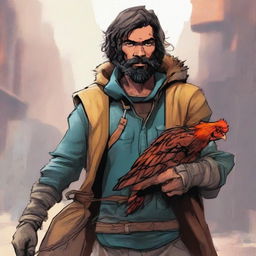 A comic-style digital art illustration depicts a homeless vagrant fighter from a fantasy DnD setting