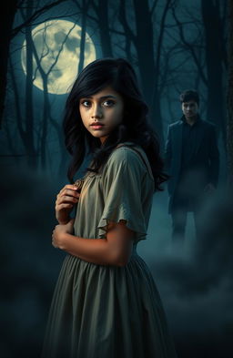 A sweet girl named Denisha Aila Mukti Fogart (Asha) standing pensively in a moonlit forest, surrounded by mystic fog, holding a locket that belonged to her parents