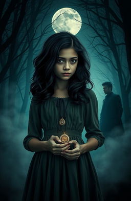 A sweet girl named Denisha Aila Mukti Fogart (Asha) standing pensively in a moonlit forest, surrounded by mystic fog, holding a locket that belonged to her parents