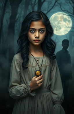 A sweet girl named Denisha Aila Mukti Fogart (Asha) standing pensively in a moonlit forest, surrounded by mystic fog, holding a locket that belonged to her parents