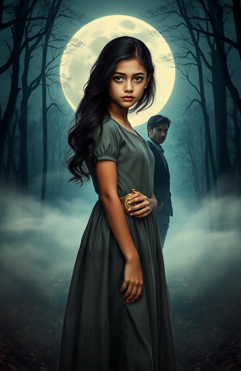 A sweet girl named Denisha Aila Mukti Fogart (Asha) standing pensively in a moonlit forest, surrounded by mystic fog, holding a locket that belonged to her parents