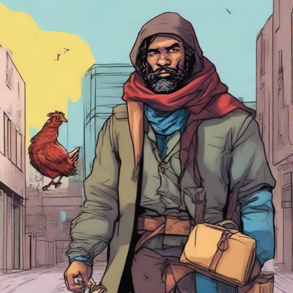 A comic-style digital art illustration depicts a homeless vagrant fighter from a fantasy DnD setting