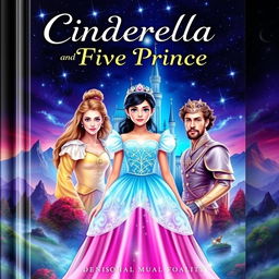 The cover of a romantic novel titled 'Cinderella And Five Prince', featuring a sweet girl, Denisha Aila Mukti Fogart (Asha), at the center, with five distinct handsome princes surrounding her