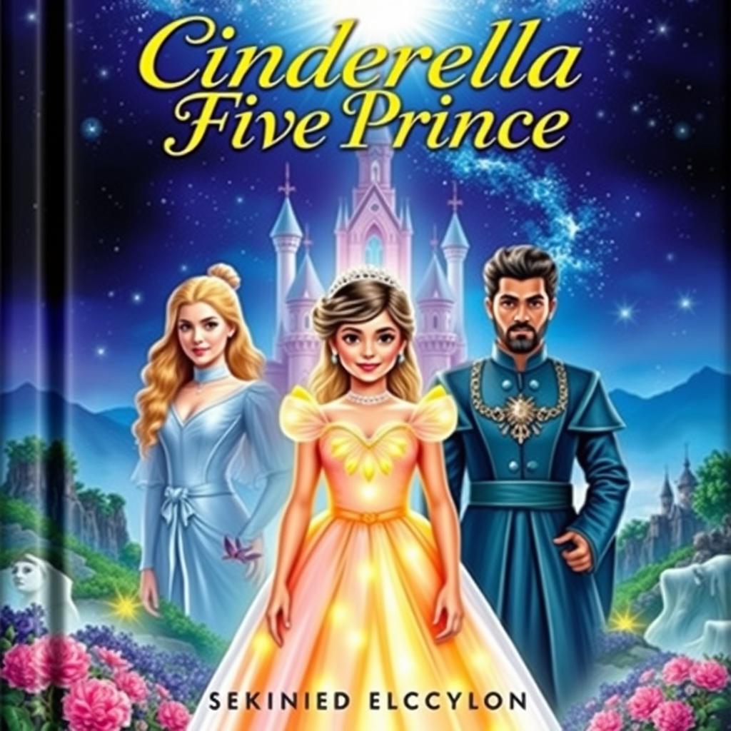 The cover of a romantic novel titled 'Cinderella And Five Prince', featuring a sweet girl, Denisha Aila Mukti Fogart (Asha), at the center, with five distinct handsome princes surrounding her