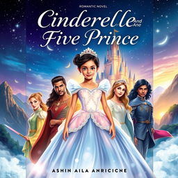 The cover of a romantic novel titled 'Cinderella And Five Prince', featuring a sweet girl, Denisha Aila Mukti Fogart (Asha), at the center, with five distinct handsome princes surrounding her