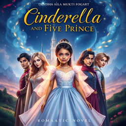The cover of a romantic novel titled 'Cinderella And Five Prince', featuring a sweet girl, Denisha Aila Mukti Fogart (Asha), at the center, with five distinct handsome princes surrounding her