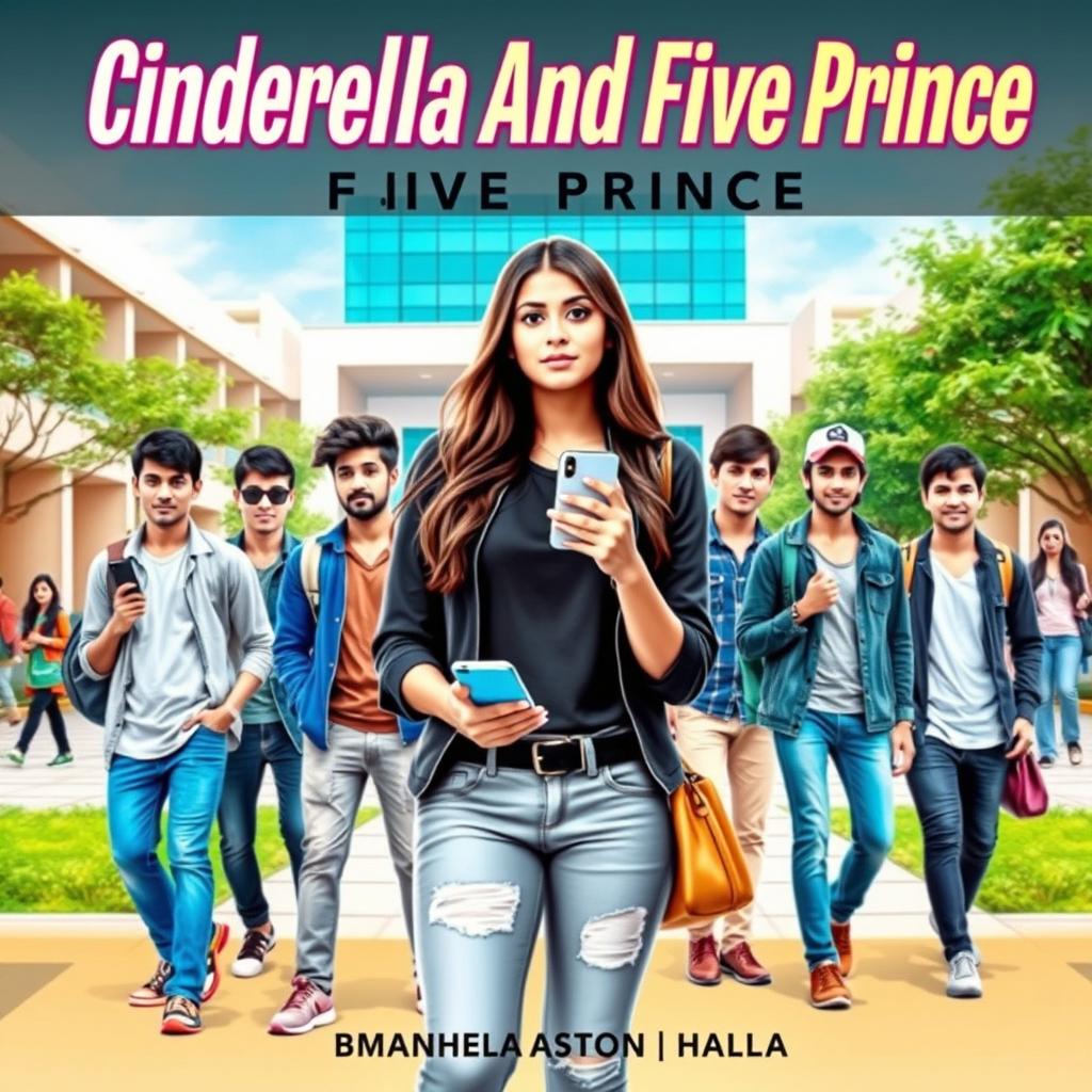 A modern university-themed novel cover titled 'Cinderella And Five Prince', featuring Denisha Aila Mukti Fogart (Asha) as a stylish young woman in casual yet chic attire, holding her smartphone and looking thoughtful