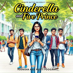 A modern university-themed novel cover titled 'Cinderella And Five Prince', featuring Denisha Aila Mukti Fogart (Asha) as a stylish young woman in casual yet chic attire, holding her smartphone and looking thoughtful