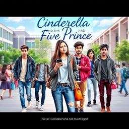 A modern university-themed novel cover titled 'Cinderella And Five Prince', featuring Denisha Aila Mukti Fogart (Asha) as a stylish young woman in casual yet chic attire, holding her smartphone and looking thoughtful