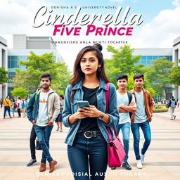 A modern university-themed novel cover titled 'Cinderella And Five Prince', featuring Denisha Aila Mukti Fogart (Asha) as a stylish young woman in casual yet chic attire, holding her smartphone and looking thoughtful