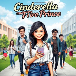 A modern university-themed cover for the novel 'Cinderella And Five Prince', featuring Denisha Aila Mukti Fogart (Asha), a cute and adorable young woman with a playful smile, wearing stylish casual attire combined with a touch of elegance, like a trendy blouse and a denim skirt