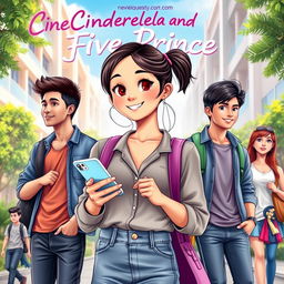 A modern university-themed cover for the novel 'Cinderella And Five Prince', featuring Denisha Aila Mukti Fogart (Asha), a cute and adorable young woman with a playful smile, wearing stylish casual attire combined with a touch of elegance, like a trendy blouse and a denim skirt
