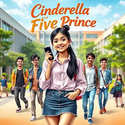 A modern university-themed cover for the novel 'Cinderella And Five Prince', featuring Denisha Aila Mukti Fogart (Asha), a cute and adorable young woman with a playful smile, wearing stylish casual attire combined with a touch of elegance, like a trendy blouse and a denim skirt