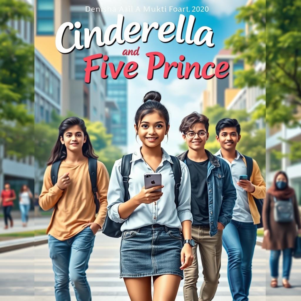A modern university-themed cover for the novel 'Cinderella And Five Prince', featuring Denisha Aila Mukti Fogart (Asha), a cute and adorable young woman with a playful smile, wearing stylish casual attire combined with a touch of elegance, like a trendy blouse and a denim skirt