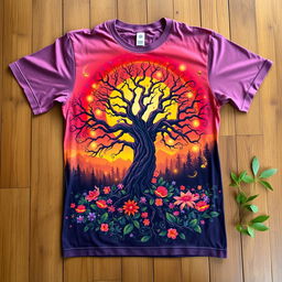 A beautifully detailed t-shirt design featuring a vibrant, artistic depiction of a mythical forest at sunset