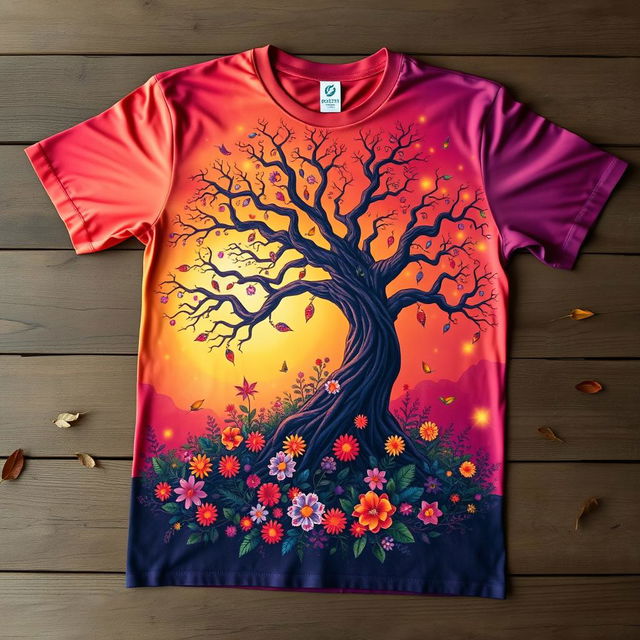 A beautifully detailed t-shirt design featuring a vibrant, artistic depiction of a mythical forest at sunset