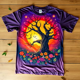 A beautifully detailed t-shirt design featuring a vibrant, artistic depiction of a mythical forest at sunset