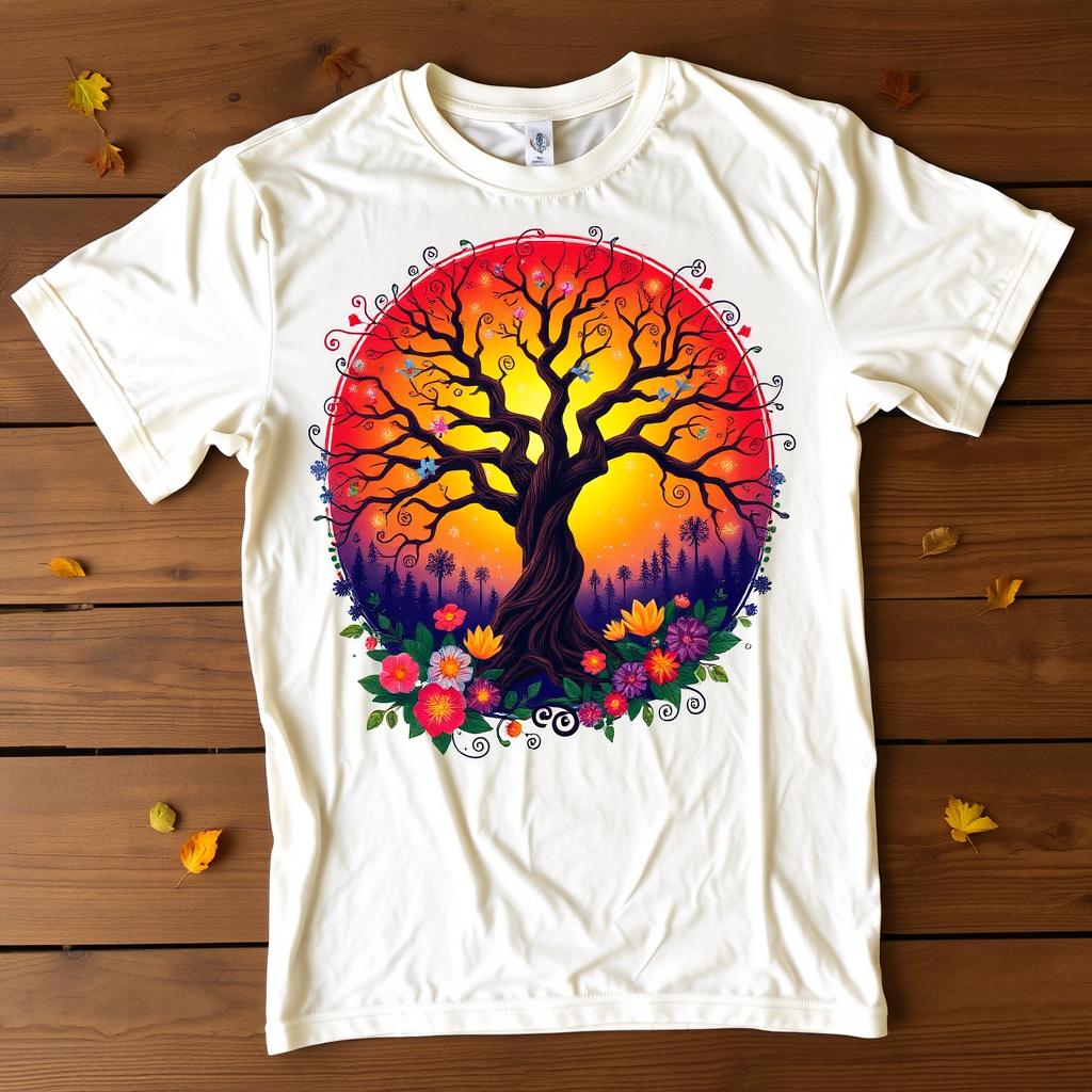 A beautifully detailed t-shirt design featuring a vibrant, artistic depiction of a mythical forest at sunset