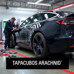 A Tesla Model 3 parked in a modern garage, showcasing a detailed view of the car's wheels as a technician is changing the tires
