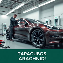 A Tesla Model 3 parked in a modern garage, showcasing a detailed view of the car's wheels as a technician is changing the tires