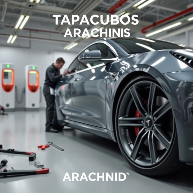 A Tesla Model 3 parked in a modern garage, showcasing a detailed view of the car's wheels as a technician is changing the tires