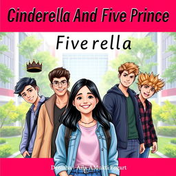 A modern university-themed cover for the novel 'Cinderella And Five Prince', featuring Denisha Aila Mukti Fogart (Asha), a cute and adorable young woman with a joyful smile, dressed in trendy casual attire