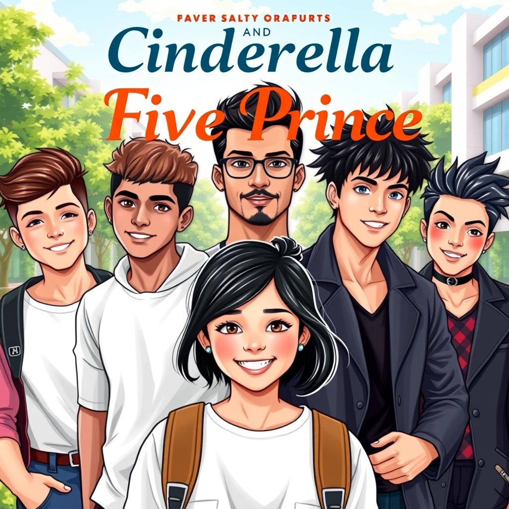 A modern university-themed cover for the novel 'Cinderella And Five Prince', featuring Denisha Aila Mukti Fogart (Asha), a cute and adorable young woman with a joyful smile, dressed in trendy casual attire