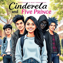 A modern university-themed cover for the novel 'Cinderella And Five Prince', featuring Denisha Aila Mukti Fogart (Asha), a cute and adorable young woman with a joyful smile, dressed in trendy casual attire