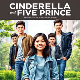 A modern university-themed cover for the novel 'Cinderella And Five Prince', featuring Denisha Aila Mukti Fogart (Asha), a cute and adorable young woman with a joyful smile, dressed in trendy casual attire