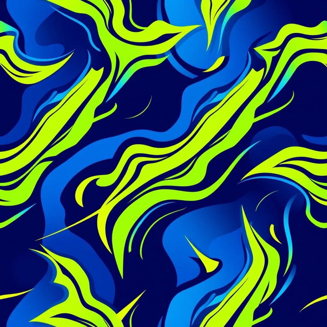 A seamless pattern design for a sports jersey featuring dynamic geometric shapes and lines in a vibrant color palette of royal blue, neon green, and bright yellow