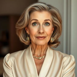 A beautiful 50-year-old woman dressed in a sexy yet fully modest outfit that showcases her elegance without revealing any skin
