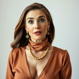 A beautiful 50-year-old woman dressed in a sexy yet fully modest outfit that showcases her elegance without revealing any skin