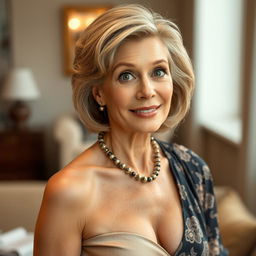 A beautiful 50-year-old woman dressed in a sexy yet fully modest outfit that showcases her elegance without revealing any skin