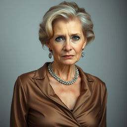 A beautiful 50-year-old woman dressed in a sexy yet completely modest outfit, capturing an essence of elegance without revealing any skin